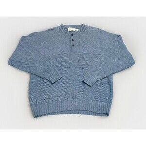 VTG London Fog Henley Sweater Mens L Blue Cotton Blend Made in USA 90s Grandpa